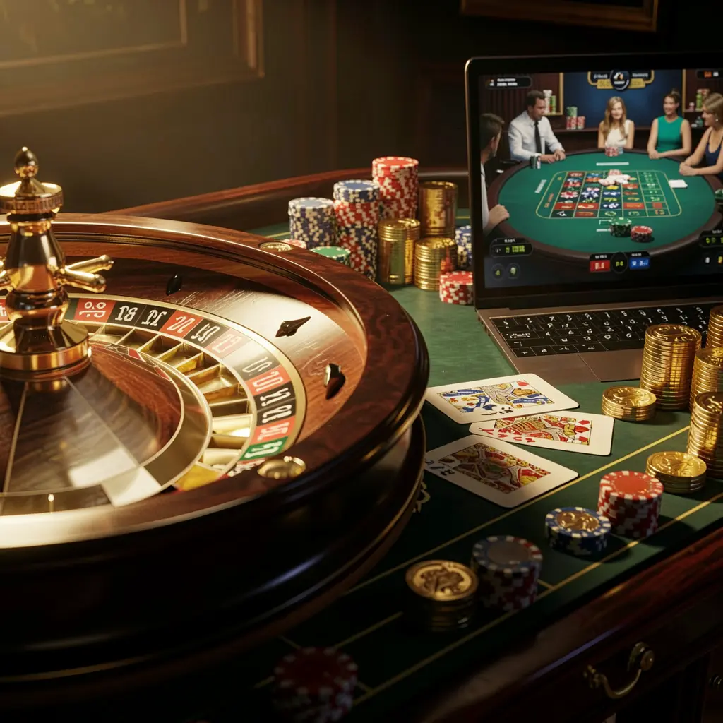 Close-up view of a roulette wheel with betting chips and a laptop screen displaying live casino action representing immersive online gaming at 4KBD in Bangladesh