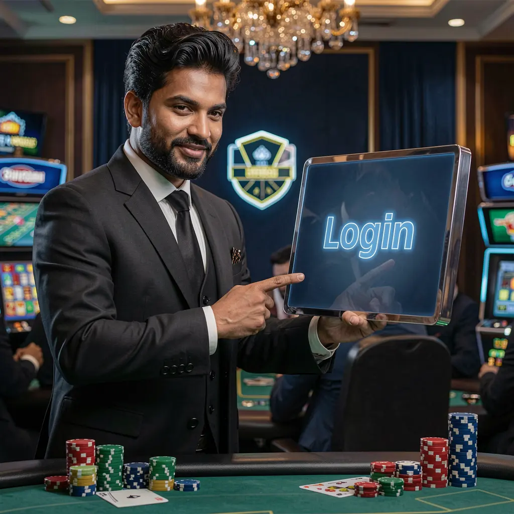 Elegant Bangladeshi casino dealer pointing at a glowing login screen inside a modern casino environment representing secure entry at 4KBD